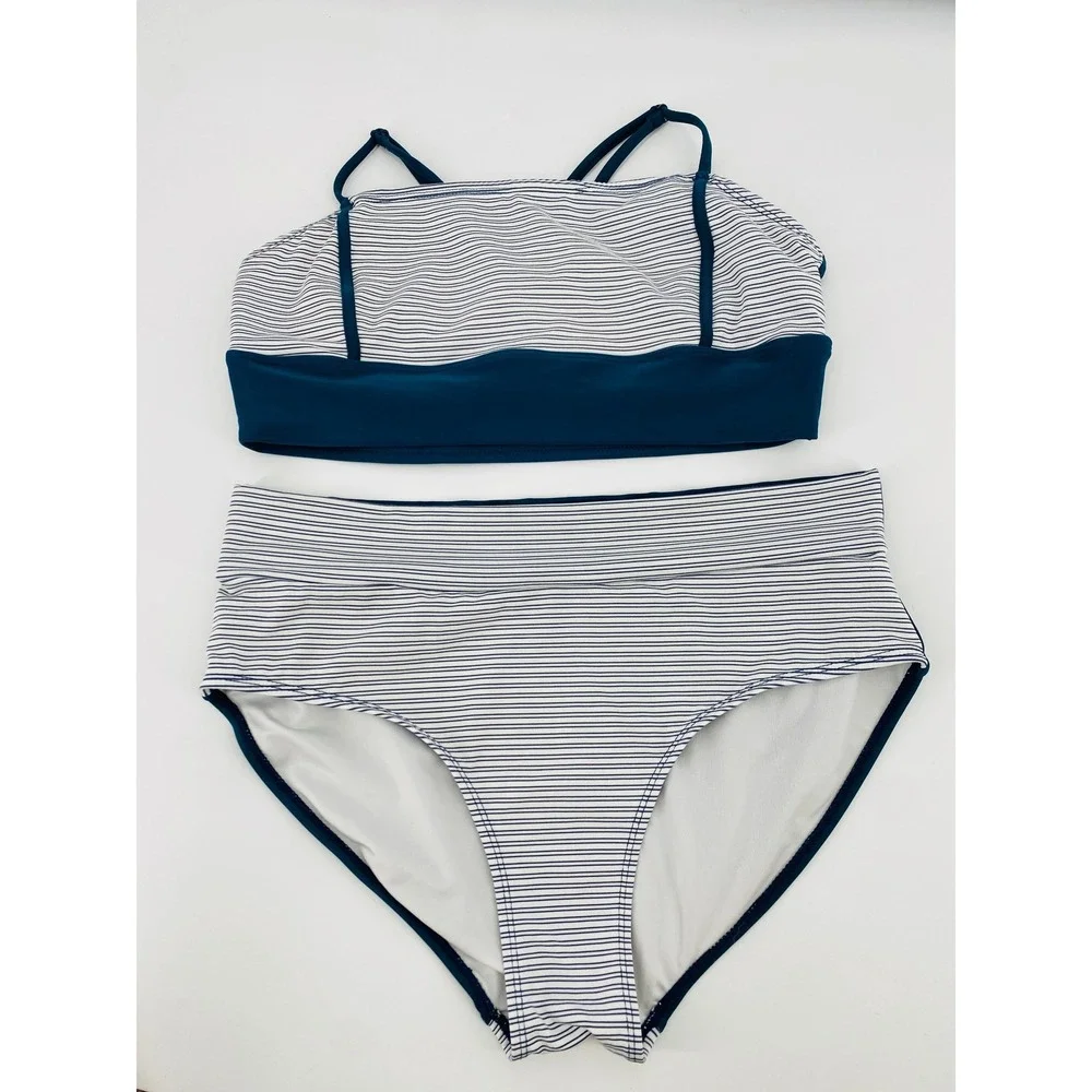 Nani Swimwear alana surf Bikini Set M/L Teal Stripe High Rise Active Swim